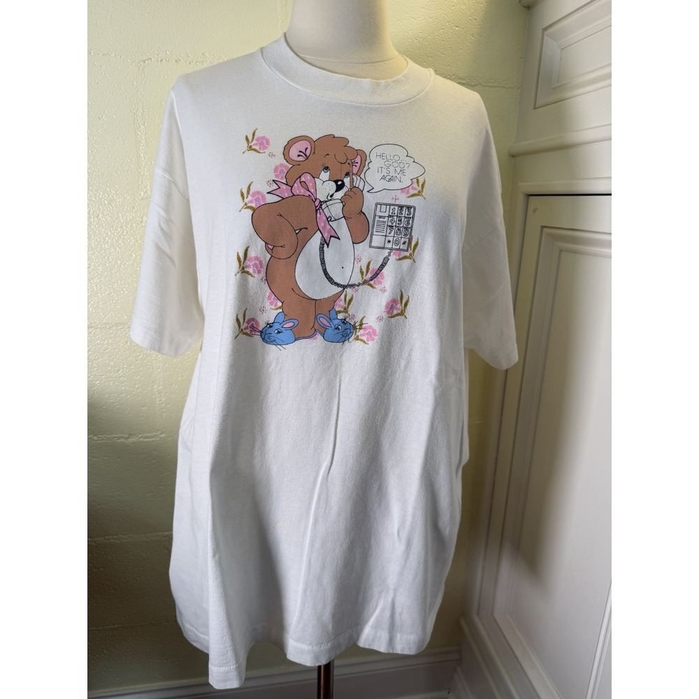 Vtg 90s Teddy Bear Phone "Hello God It's Me Again" T Shirt XL Single Stitch Best